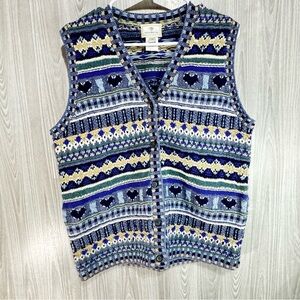 Vintage Hand Knit Susan Bristol Sweater Vest Striped Fair Isle Heart Grandma Med